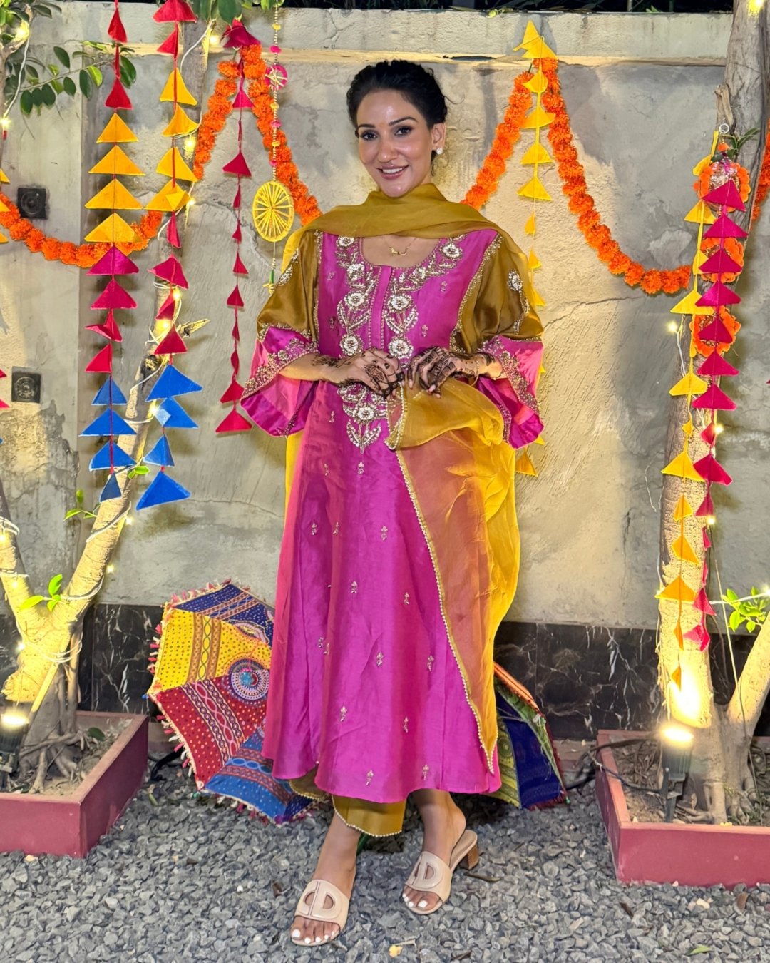 Fushia Mustard Choga With Hand Work