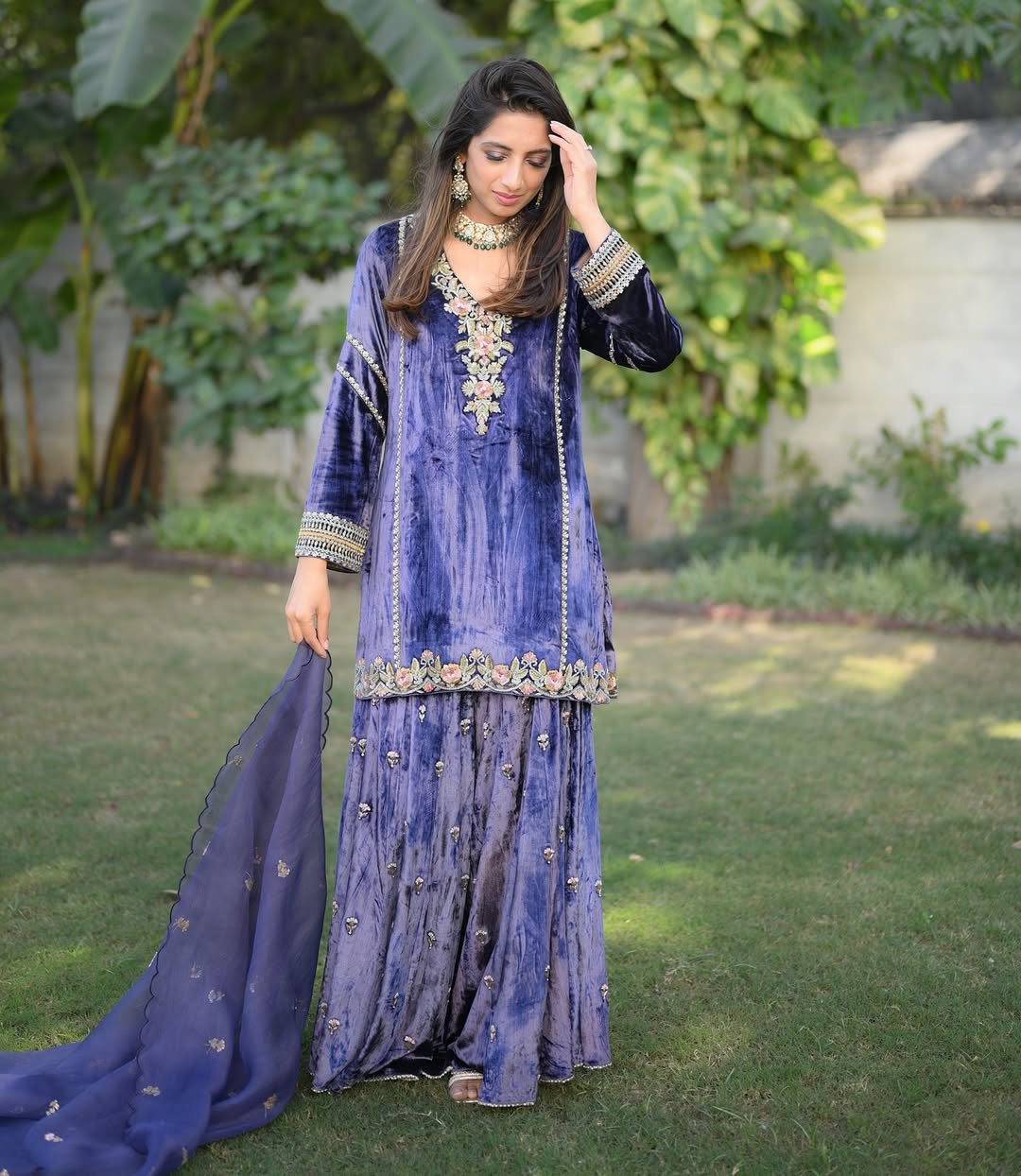 Gul-Posh Velvet Sharara Set with Hand Embroidery