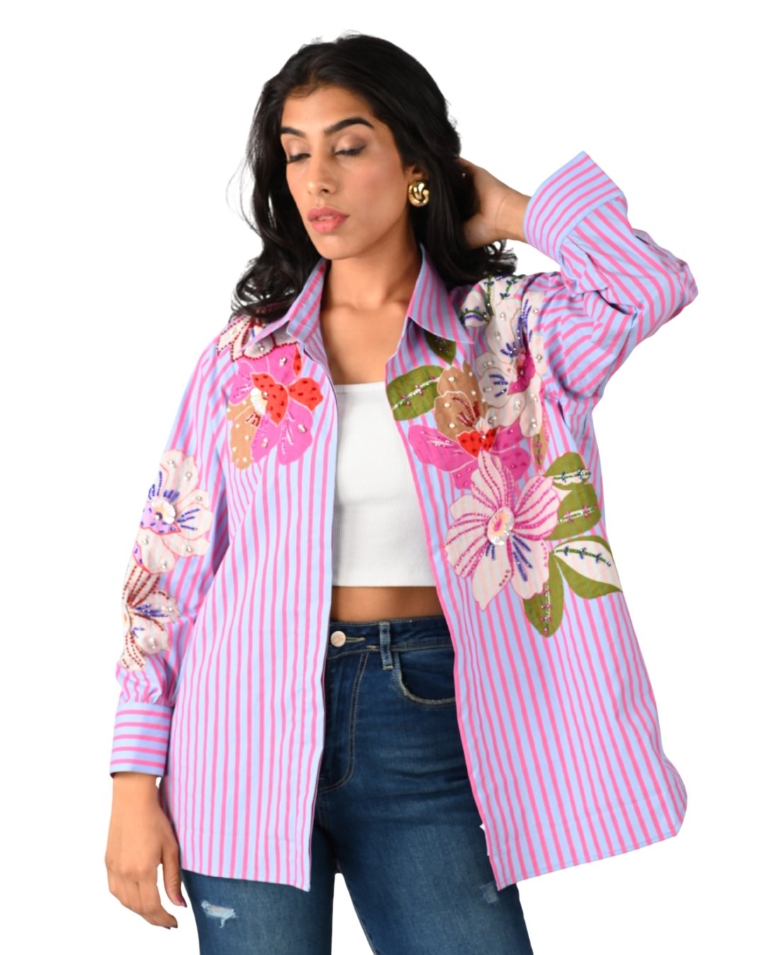 Pink Striped Floral Embroidered Shirt