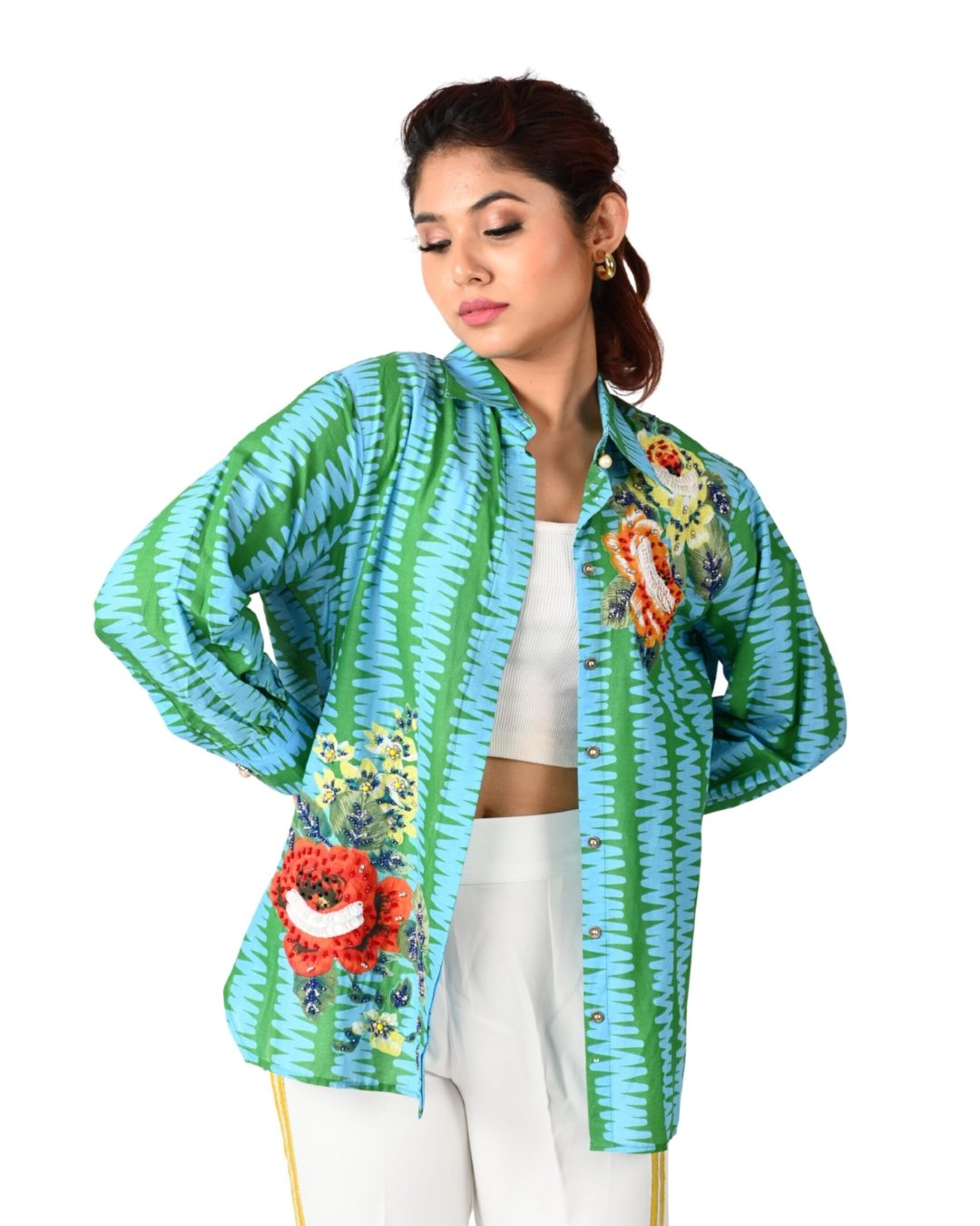 Green and Blue Abstract Floral Shirt