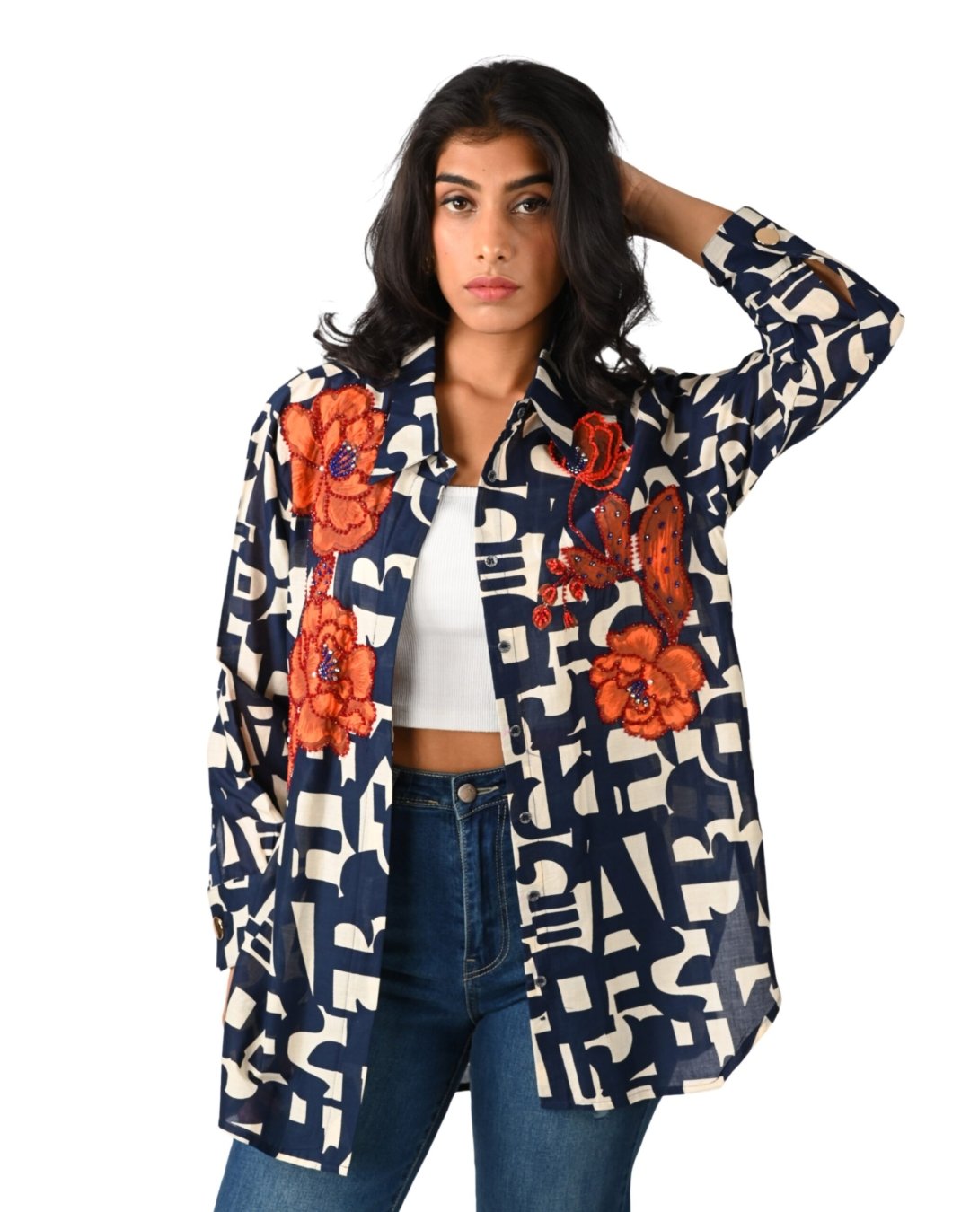 Navy Abstract Printed Shirt with Floral Embroidery