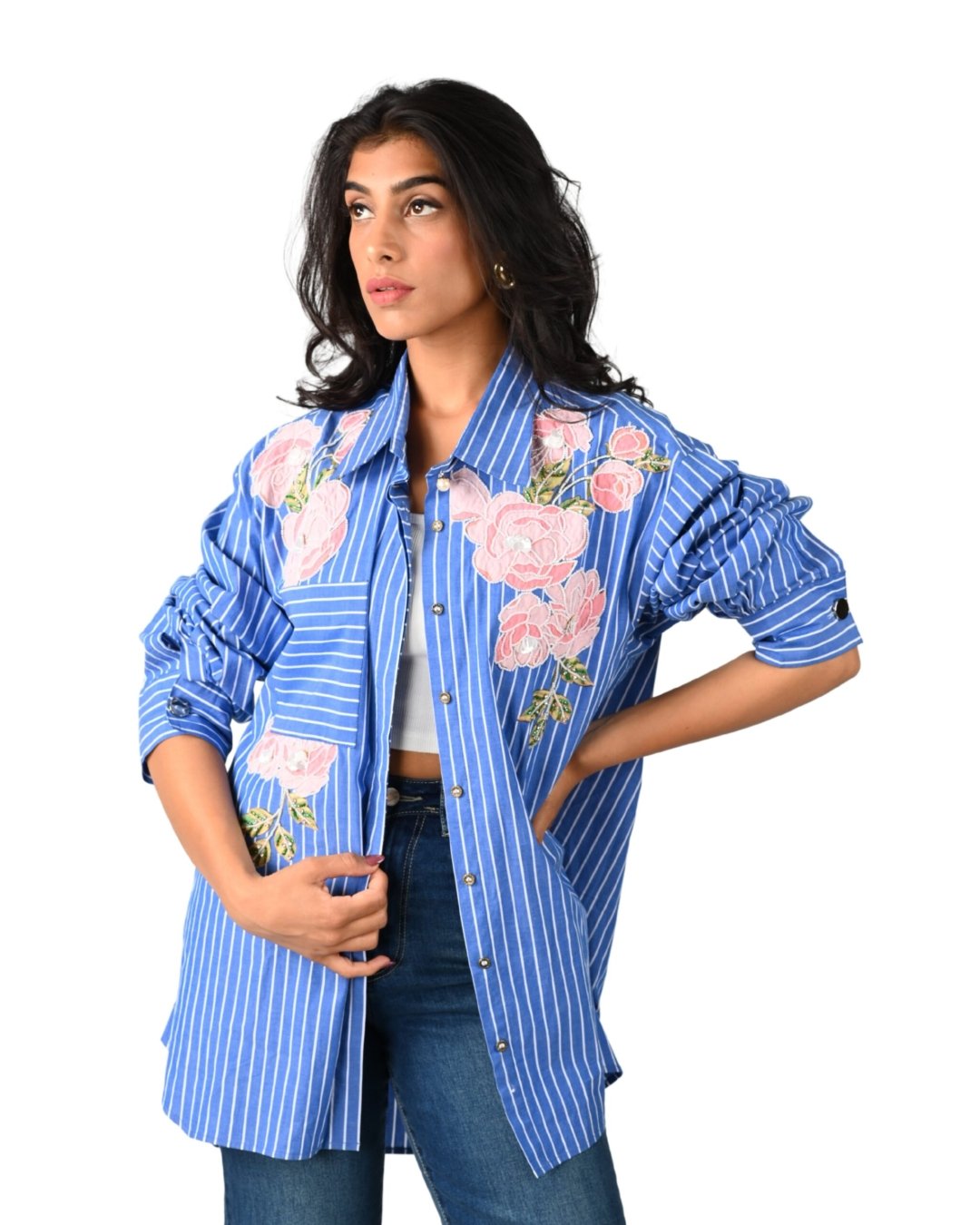 Blue Striped Shirt with Pink Floral Embroidery