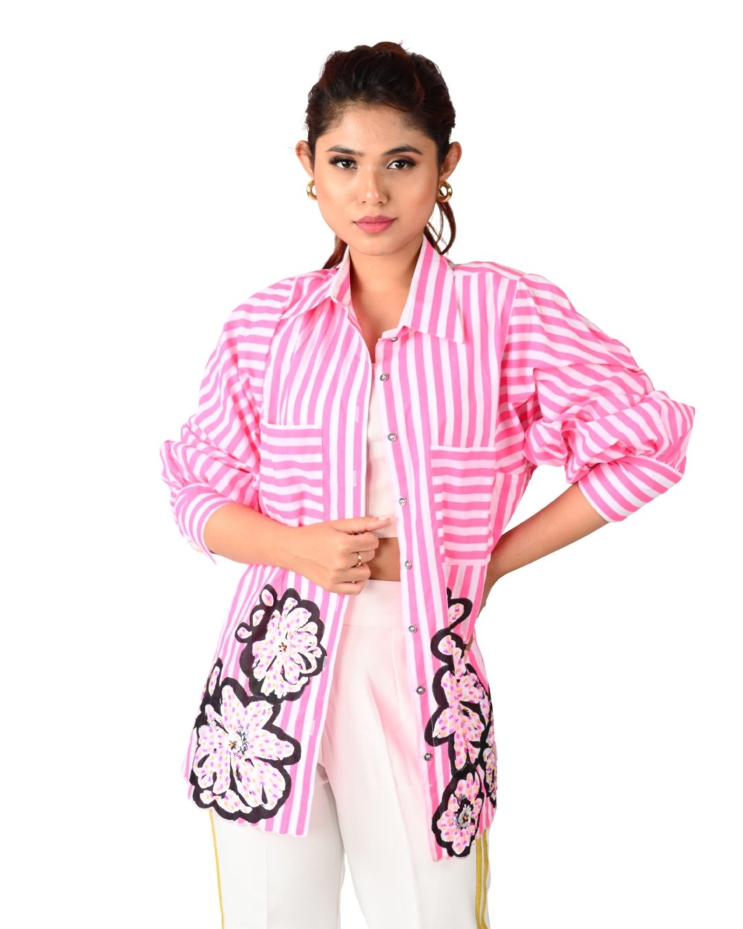 Pink Striped Floral Embroidered Long Shirt