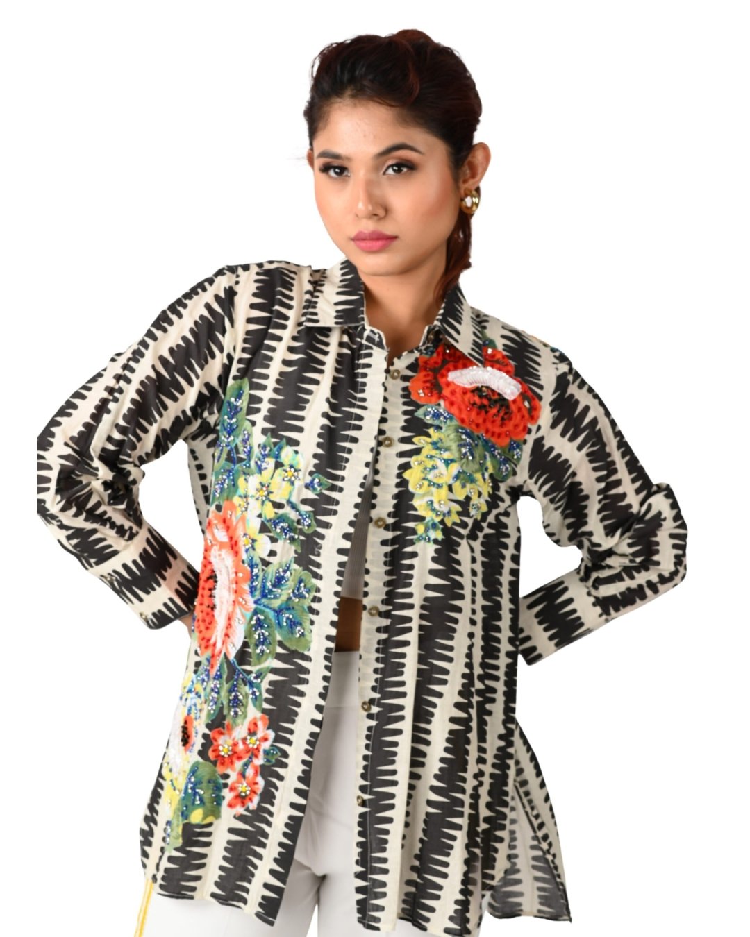 Black and White Floral Embroidered Shirt