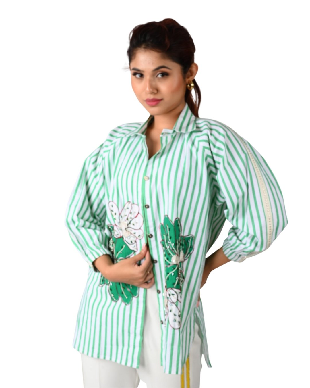 Green Striped Floral Embroidered Shirt