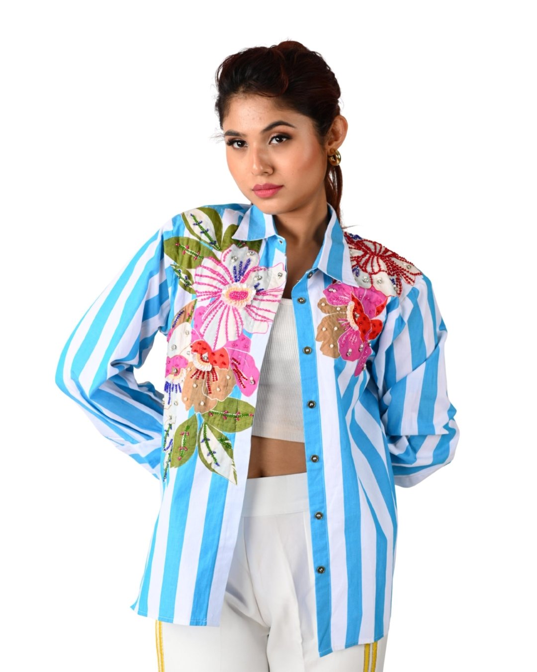 Blue Striped Floral Embroidered Shirt