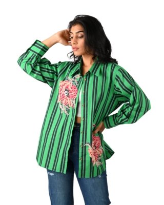 Green Striped Floral Embroidered Shirt